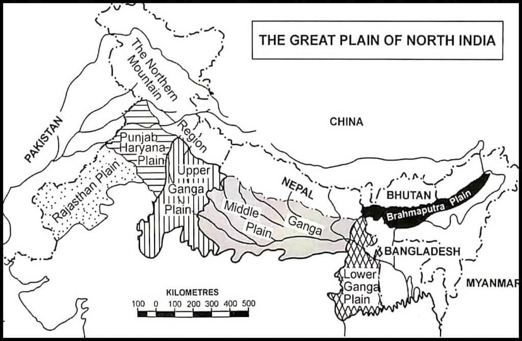 Cross-section of the Northern Plains showing Bhabar, Terai, Bhangar, Khadar